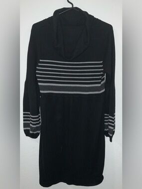 Spense Black Cowl Neck Sweater Dress with Gray Stripe Detail
